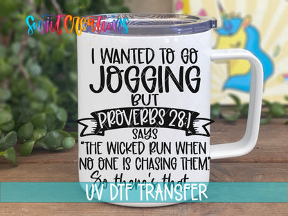 Jogging Funny Proverbs Christian Humor UV DTF transfer displayed on a white coffee mug from Swiit Creations