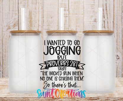 Jogging Funny Proverbs Christian Humor UV DTF transfer applied to a clear glass can set from Swiit Creations
