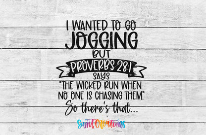 Jogging Funny Proverbs Christian Humor UV DTF transfer shown as a full artwork preview from Swiit Creations
