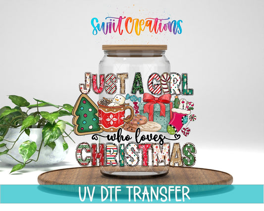 Just a Girl Who Loves Christmas UV DTF transfer displayed on a clear jar mockup from Swiit Creations