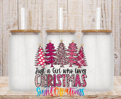 Just a Girl Who Loves Christmas UV DTF transfer applied to a clear glass can set from Swiit Creations