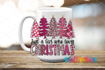 Just a Girl Who Loves Christmas UV DTF transfer displayed on a white ceramic mug from Swiit Creations