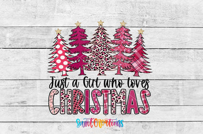 Just a Girl Who Loves Christmas UV DTF transfer shown as a full artwork preview from Swiit Creations