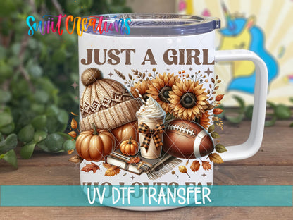 Swiit Creations UV DTF Fall Football Sunflower Girl transfer displayed on a white coffee mug