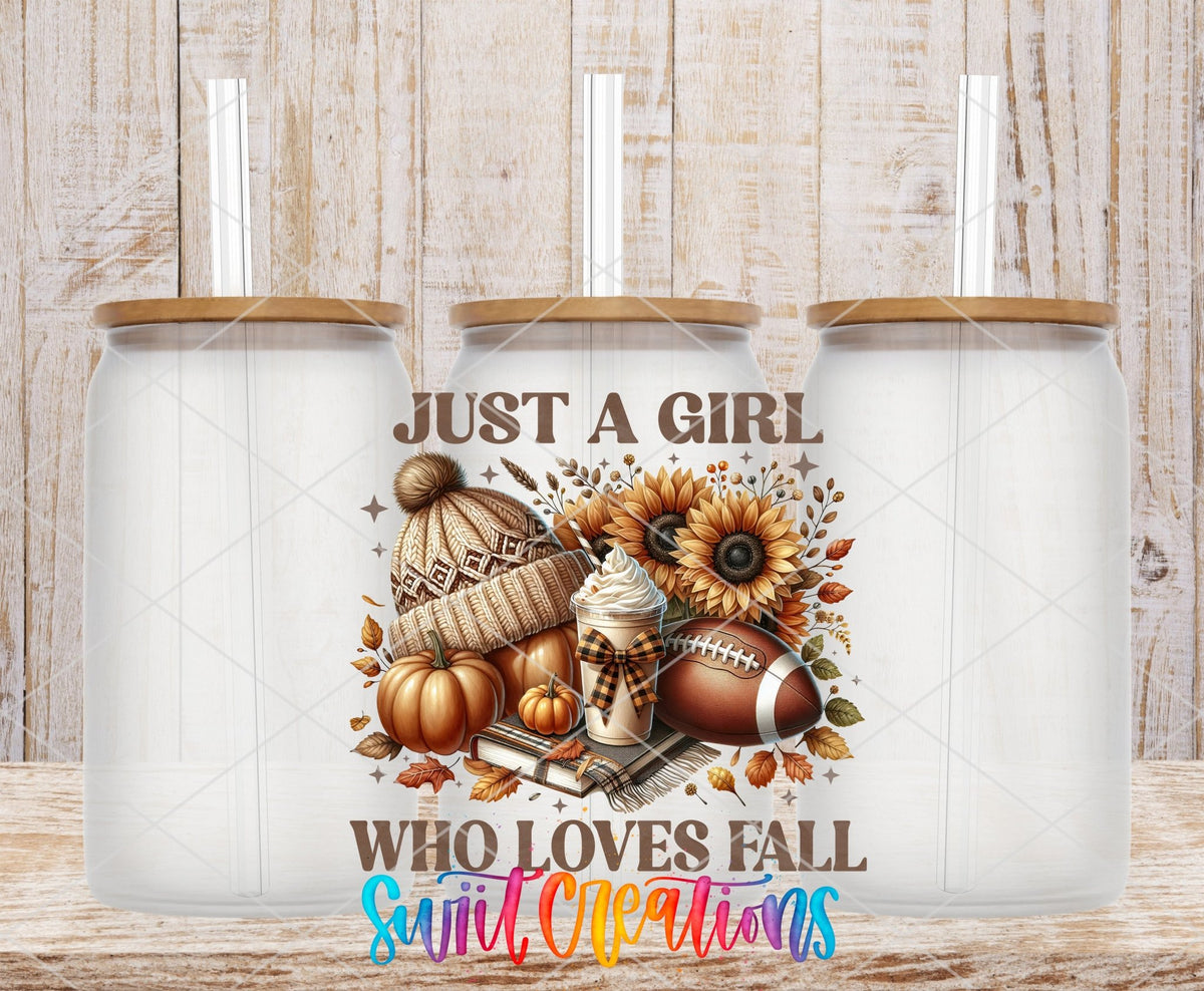 Swiit Creations UV DTF Fall Football Sunflower Girl transfer shown on a clear glass can set