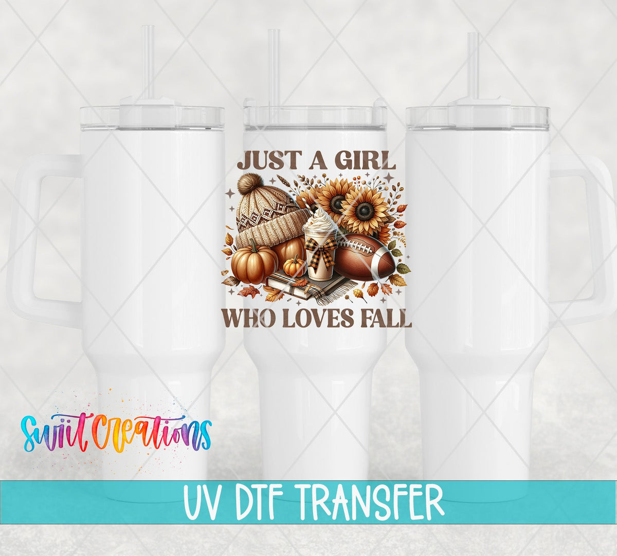 Swiit Creations UV DTF Fall Football Sunflower Girl transfer shown on a white tumbler set