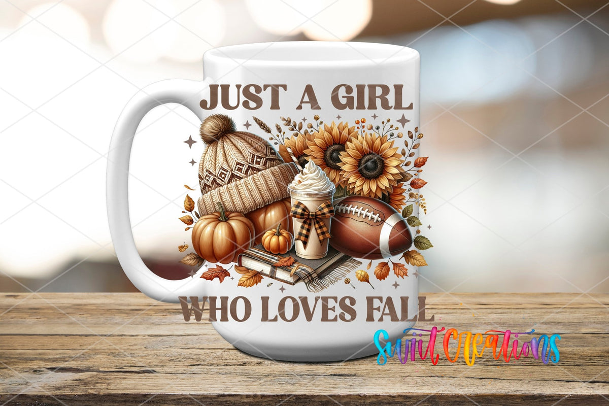 Swiit Creations UV DTF Fall Football Sunflower Girl transfer applied to a white ceramic mug
