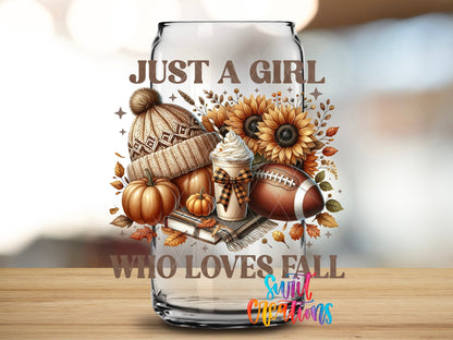Swiit Creations UV DTF Fall Football Sunflower Girl transfer applied to a clear glass can