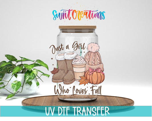 Just A Girl Who Loves Fall UV DTF transfer displayed on a clear jar mockup from Swiit Creations