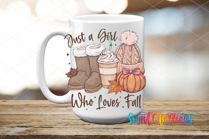 Just A Girl Who Loves Fall UV DTF transfer displayed on a white ceramic mug from Swiit Creations