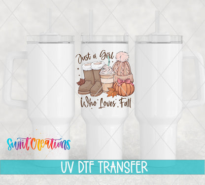 Just A Girl Who Loves Fall UV DTF transfer applied to a white tumbler set from Swiit Creations