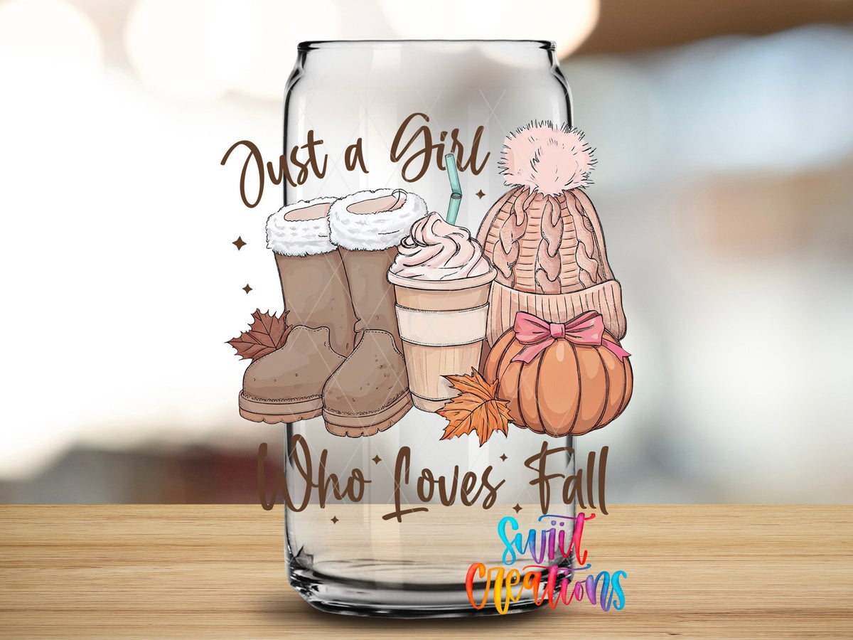 Just A Girl Who Loves Fall UV DTF transfer applied to a clear glass can from Swiit Creations