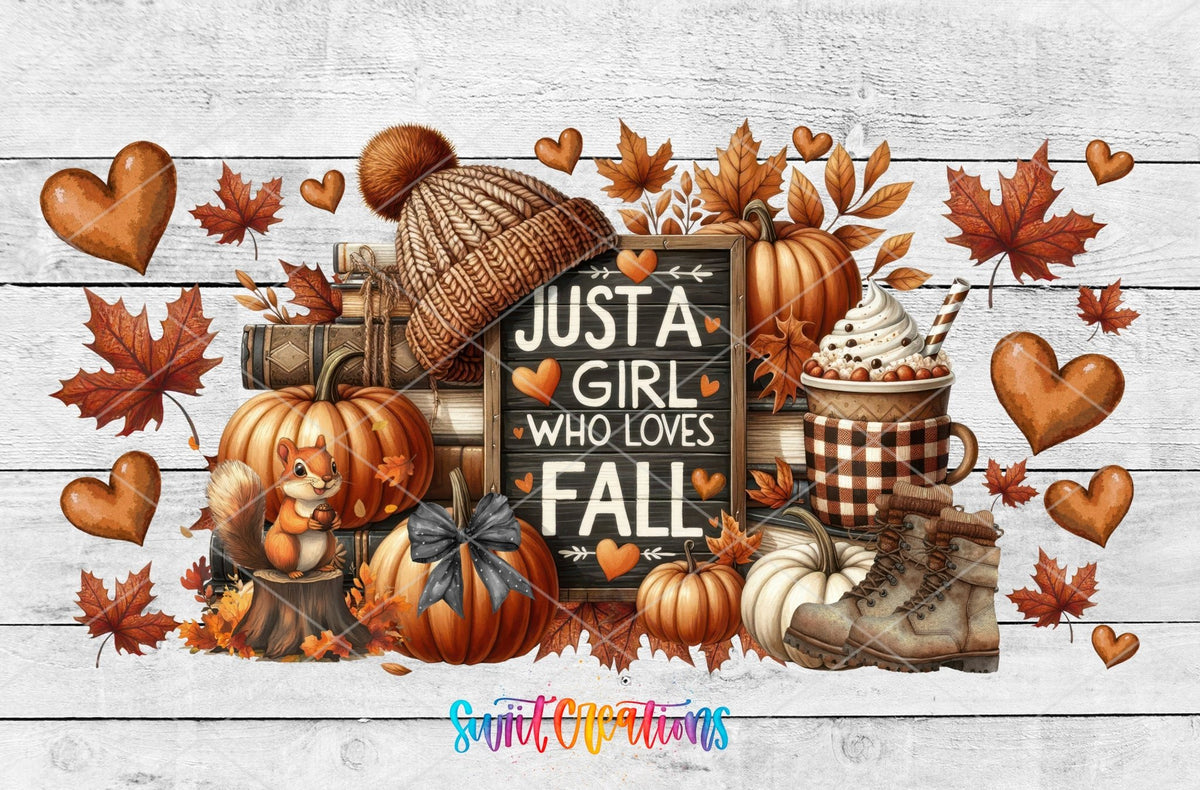 Just A Girl Who Loves Fall UV DTF Transfer Tumbler Wrap | Pumpkin Coffee Book Boot | DTF273 - Swiit Creations