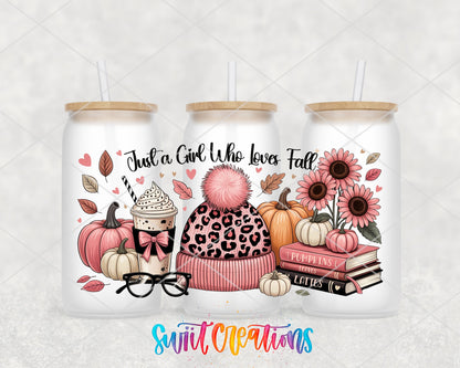 Just A Girl Who Loves Fall UV DTF Wrap Transfer | Pink Pumpkin Latte Autumn Cup Decal | DTF302 - Swiit Creations
