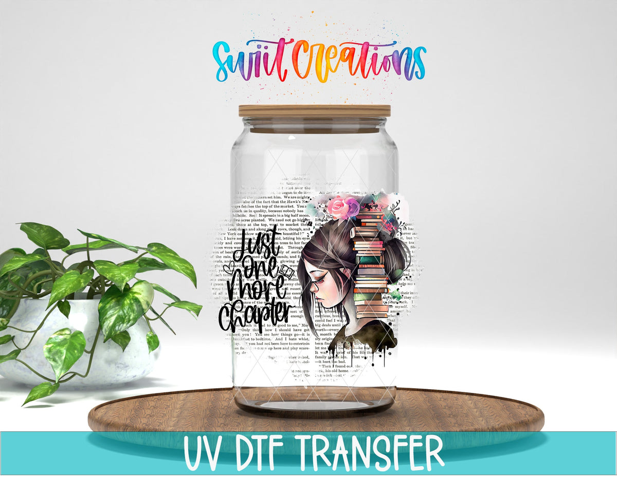 Swiit Creations UV DTF Just One More Chapter Book Lover transfer displayed on a clear jar mockup