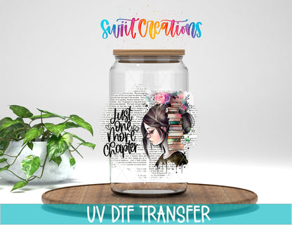 Swiit Creations UV DTF Just One More Chapter Book Lover transfer displayed on a clear jar mockup