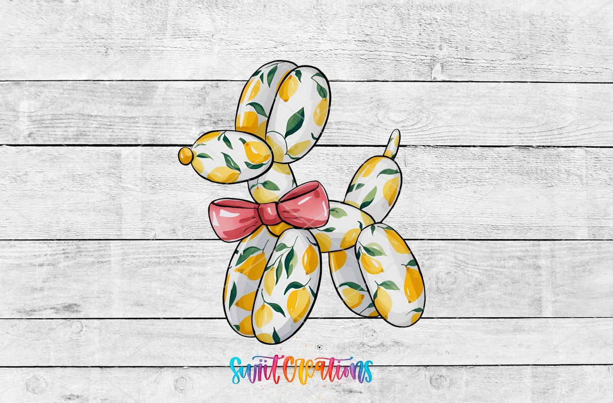 Lemon Balloon Dog UV DTF transfer shown as a full artwork preview from Swiit Creations