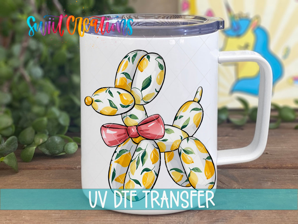 Lemon Balloon Dog UV DTF transfer displayed on a white coffee mug from Swiit Creations