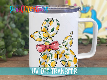 Lemon Balloon Dog UV DTF transfer displayed on a white coffee mug from Swiit Creations