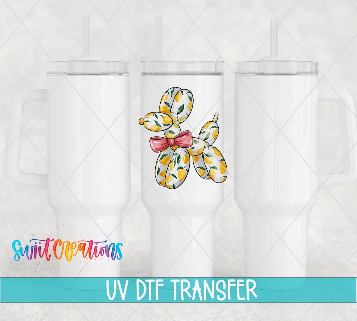 Lemon Balloon Dog UV DTF transfer applied to a white tumbler set from Swiit Creations