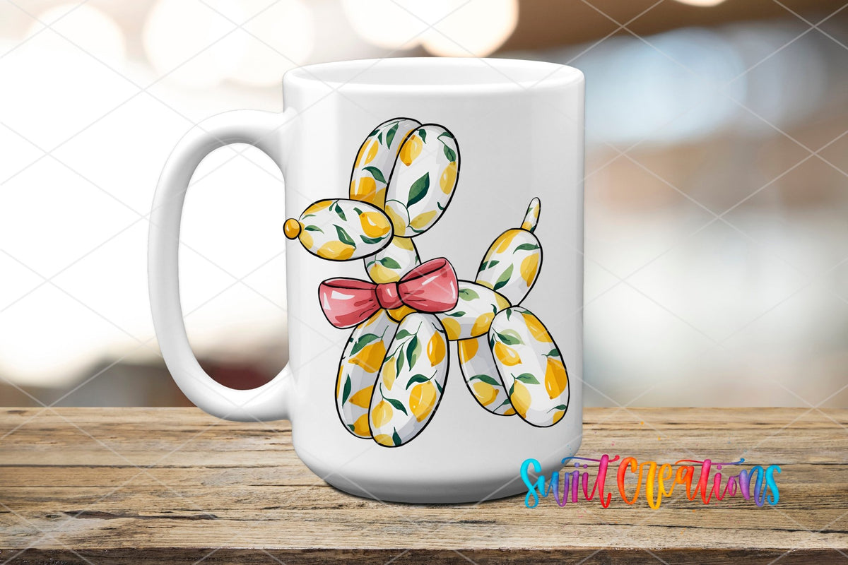 Lemon Balloon Dog UV DTF transfer displayed on a white ceramic mug from Swiit Creations
