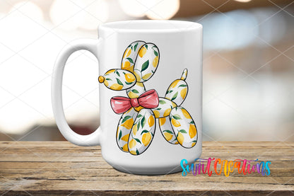Lemon Balloon Dog UV DTF transfer displayed on a white ceramic mug from Swiit Creations