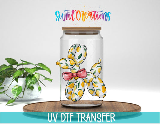 Lemon Balloon Dog UV DTF transfer displayed on a clear jar mockup from Swiit Creations
