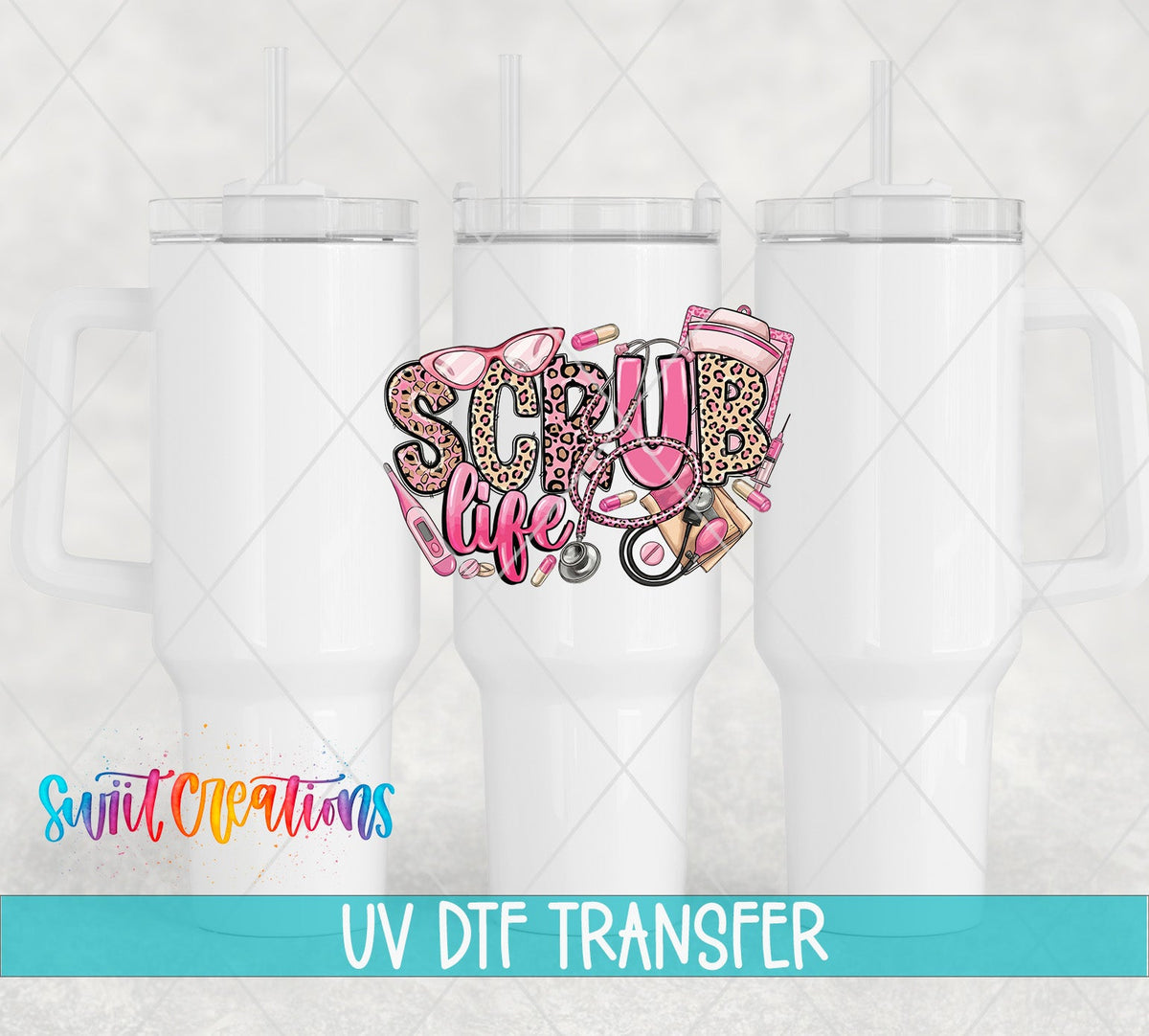 Leopard Medical Nurse Scrub Life UV DTF transfer applied to a white tumbler set from Swiit Creations