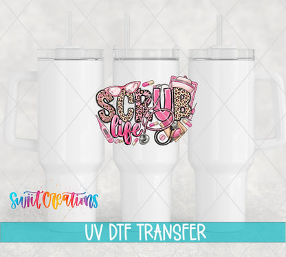 Leopard Medical Nurse Scrub Life UV DTF transfer applied to a white tumbler set from Swiit Creations