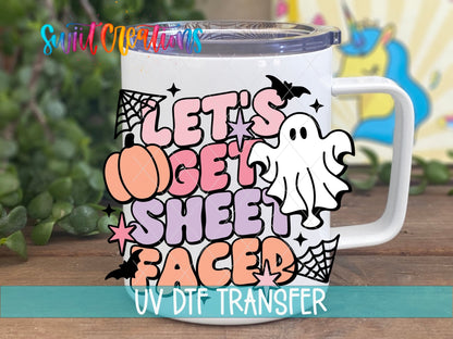 Swiit Creations UV DTF Let’s Get Sheet Faced Ghost Halloween transfer displayed on a white coffee mug