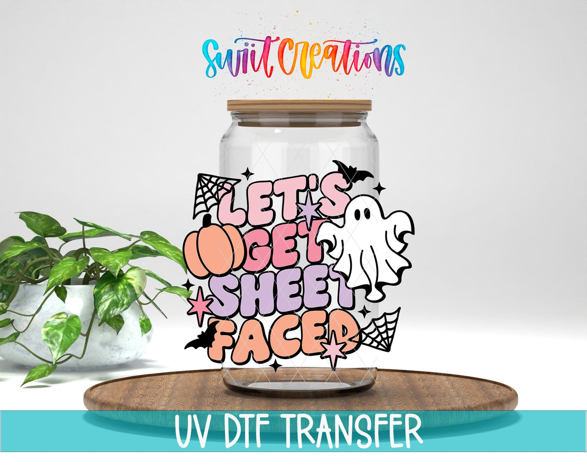 Swiit Creations UV DTF Let’s Get Sheet Faced Ghost Halloween transfer displayed on a clear jar mockup
