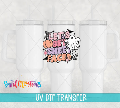 Swiit Creations UV DTF Let’s Get Sheet Faced Ghost Halloween transfer shown on a white tumbler set