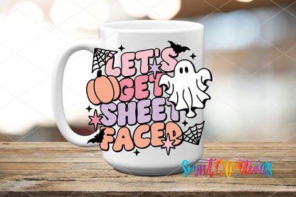 Swiit Creations UV DTF Let’s Get Sheet Faced Ghost Halloween transfer applied to a white ceramic mug
