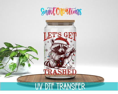 Swiit Creations UV DTF Let’s Get Trashed Christmas Raccoon transfer displayed on a clear jar mockup