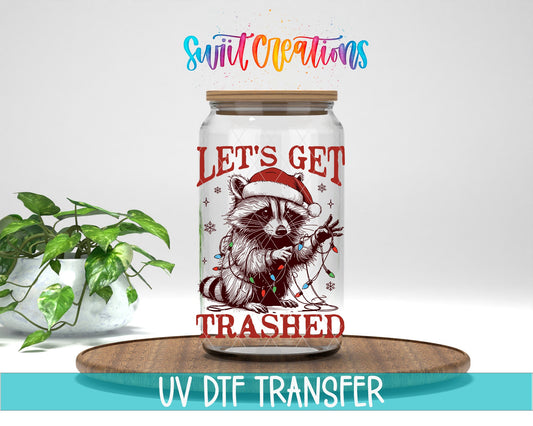 Swiit Creations UV DTF Let’s Get Trashed Christmas Raccoon transfer displayed on a clear jar mockup
