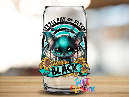 Little Ray of Pitch Black Cute Gothic Bat UV DTF transfer applied to a clear glass can from Swiit Creations