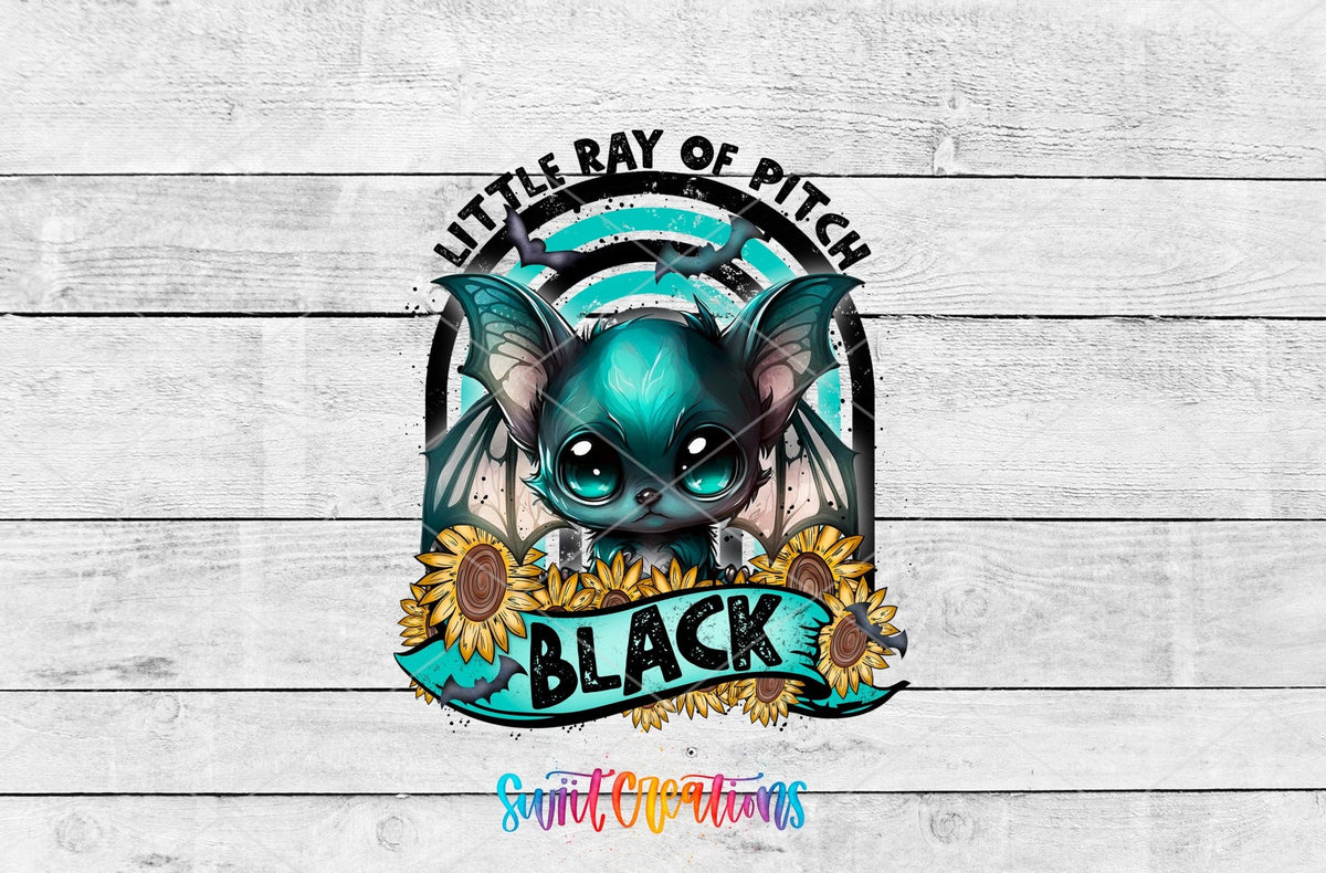 Little Ray of Pitch Black Cute Gothic Bat UV DTF transfer shown as a full artwork preview from Swiit Creations