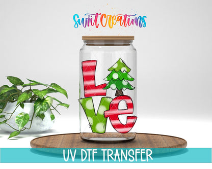 Swiit Creations Love Christmas Tree UV DTF transfer displayed on a clear glass jar mockup