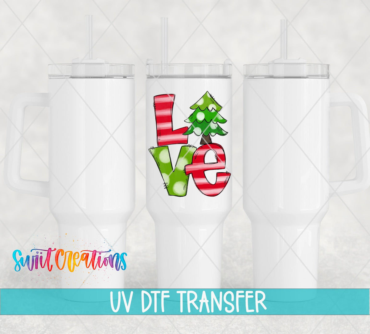 Three white tumblers featuring the Love Christmas Tree UV DTF transfer by Swiit Creations