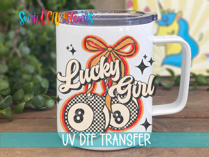 Lucky Girl UV DTF transfer displayed on a white coffee mug from Swiit Creations