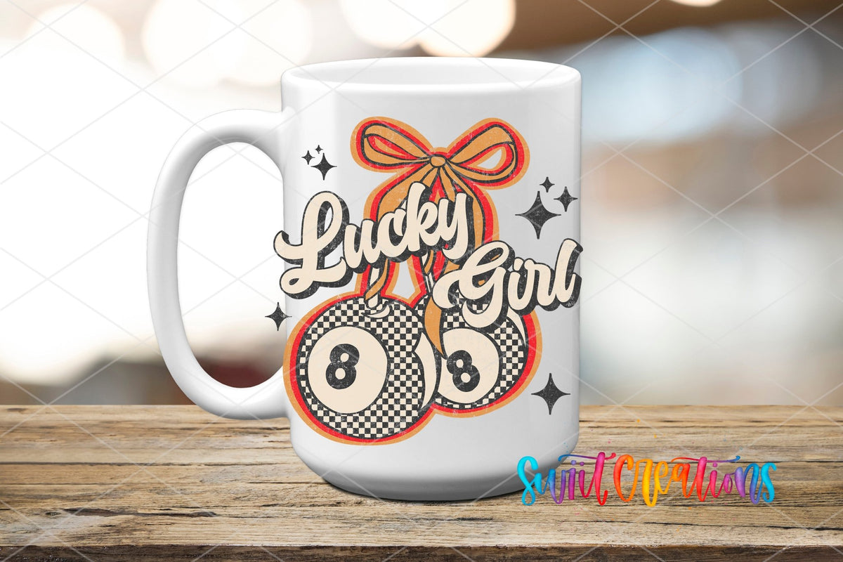 Lucky Girl UV DTF transfer displayed on a white ceramic mug from Swiit Creations