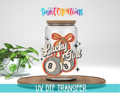 Lucky Girl UV DTF transfer displayed on a clear jar mockup from Swiit Creations