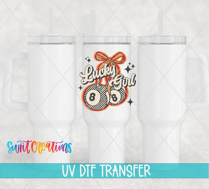 Lucky Girl UV DTF transfer applied to a white tumbler set from Swiit Creations