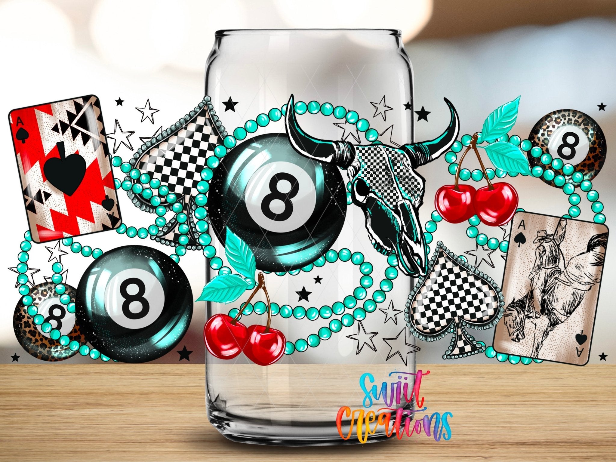 Lucky Girl UV DTF Transfer Tumbler Wrap | Western 8 Ball Cherry Card Cup Decal | DTF275 - Swiit Creations