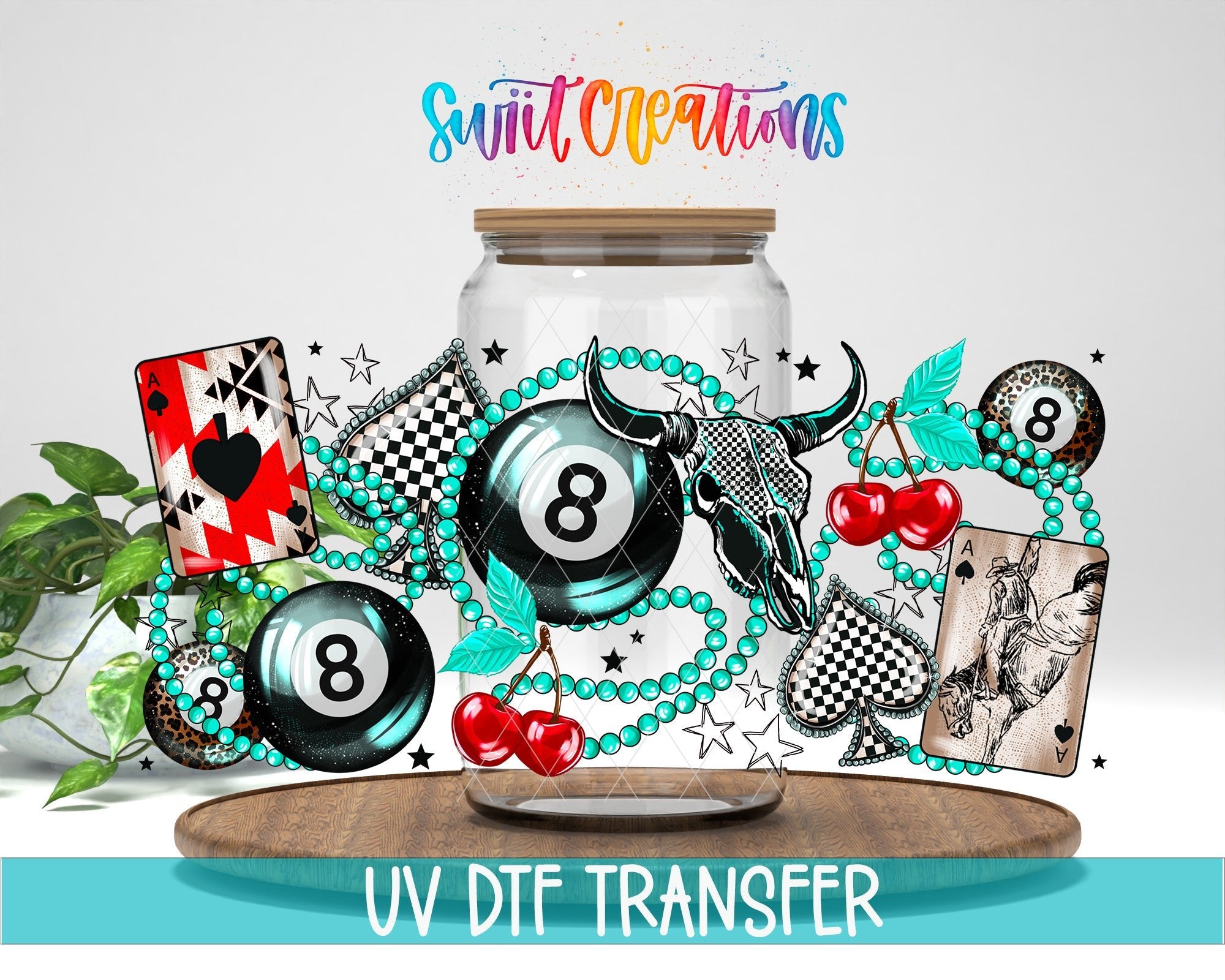 Lucky Girl UV DTF Transfer Tumbler Wrap | Western 8 Ball Cherry Card Cup Decal | DTF275 - Swiit Creations