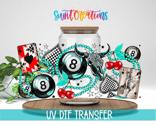 Lucky Girl UV DTF Transfer Tumbler Wrap | Western 8 Ball Cherry Card Cup Decal | DTF275 - Swiit Creations