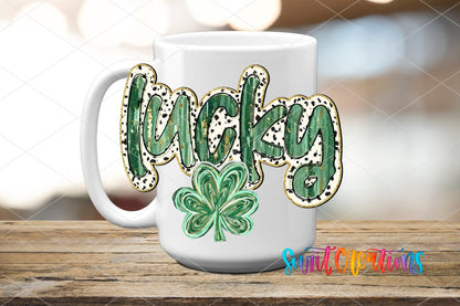 Swiit Creations UV DTF Lucky transfer applied to a white ceramic mug