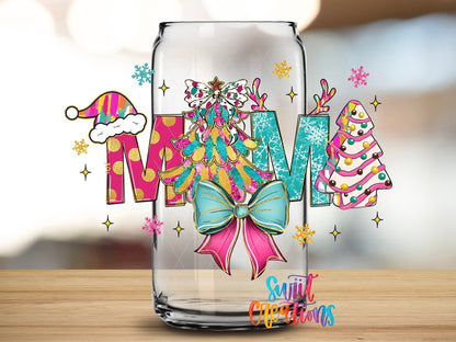 Swiit Creations UV DTF Mama Christmas Pastel Bow Tree transfer applied to a clear glass can