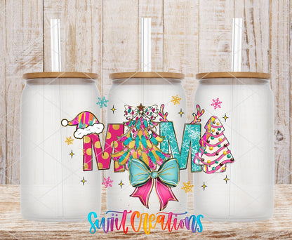 Swiit Creations UV DTF Mama Christmas Pastel Bow Tree transfer shown on a clear glass can set