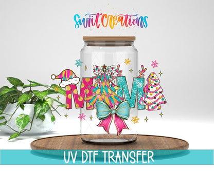 Swiit Creations UV DTF Mama Christmas Pastel Bow Tree transfer displayed on a clear jar mockup